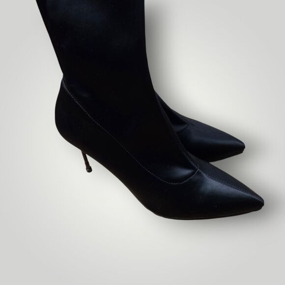 Kurt Geiger Black Satin Pointed Toe Over The Knee Stiletto Boots Size 38 - Picture 2 of 5
